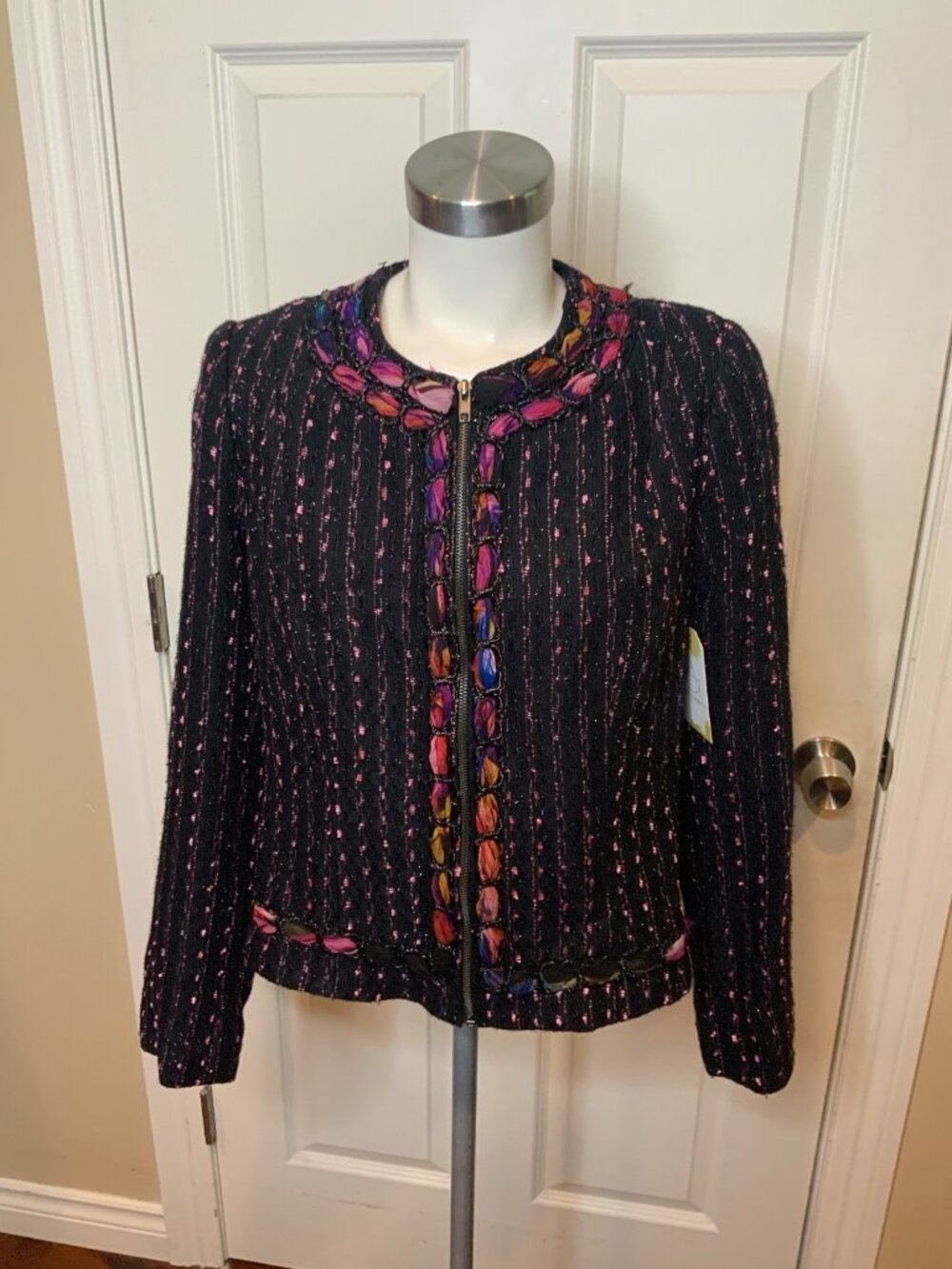 Alberto Makali Black Textured Tweed Jacket W/ Ribbon Trim & Zip Front, Size 14